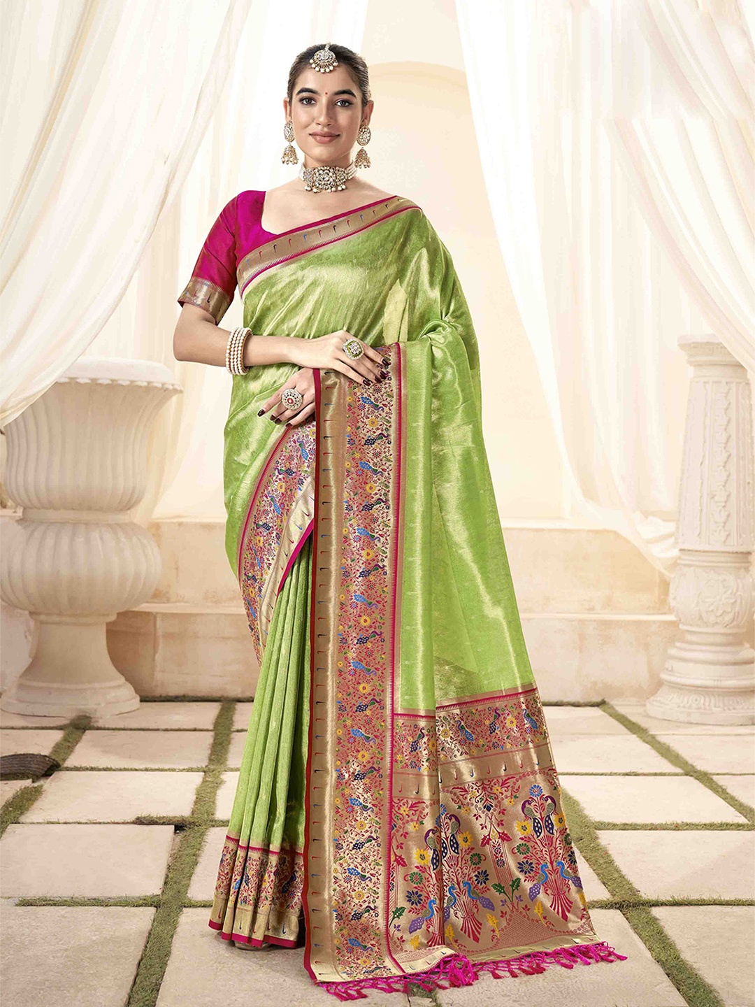 

Blissta Woven Design Zari Silk Blend Paithani Saree, Green