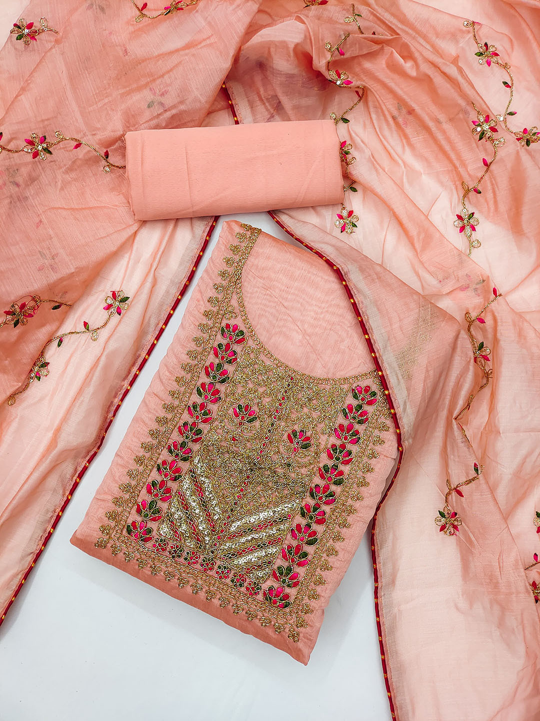 

Rangtulika Zari Floral Embroidered Chanderi Silk Unstitched Dress Material, Peach