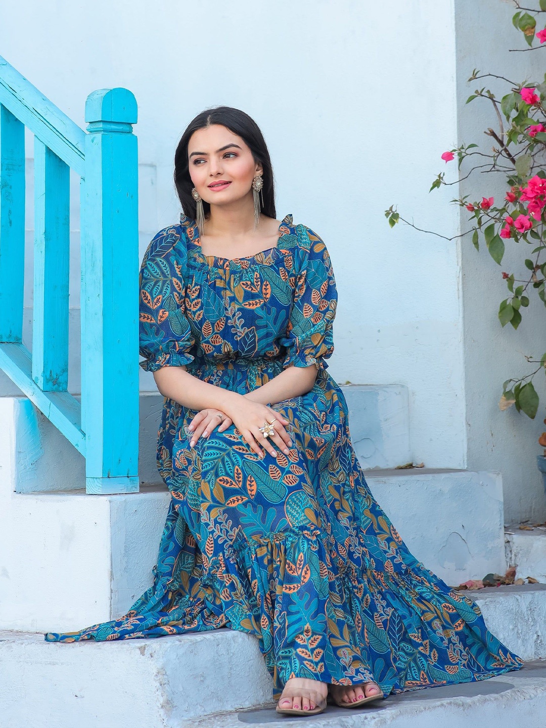 

Raiyani Enterprise Floral Print Crepe Fit & Flare Maxi Dress, Blue