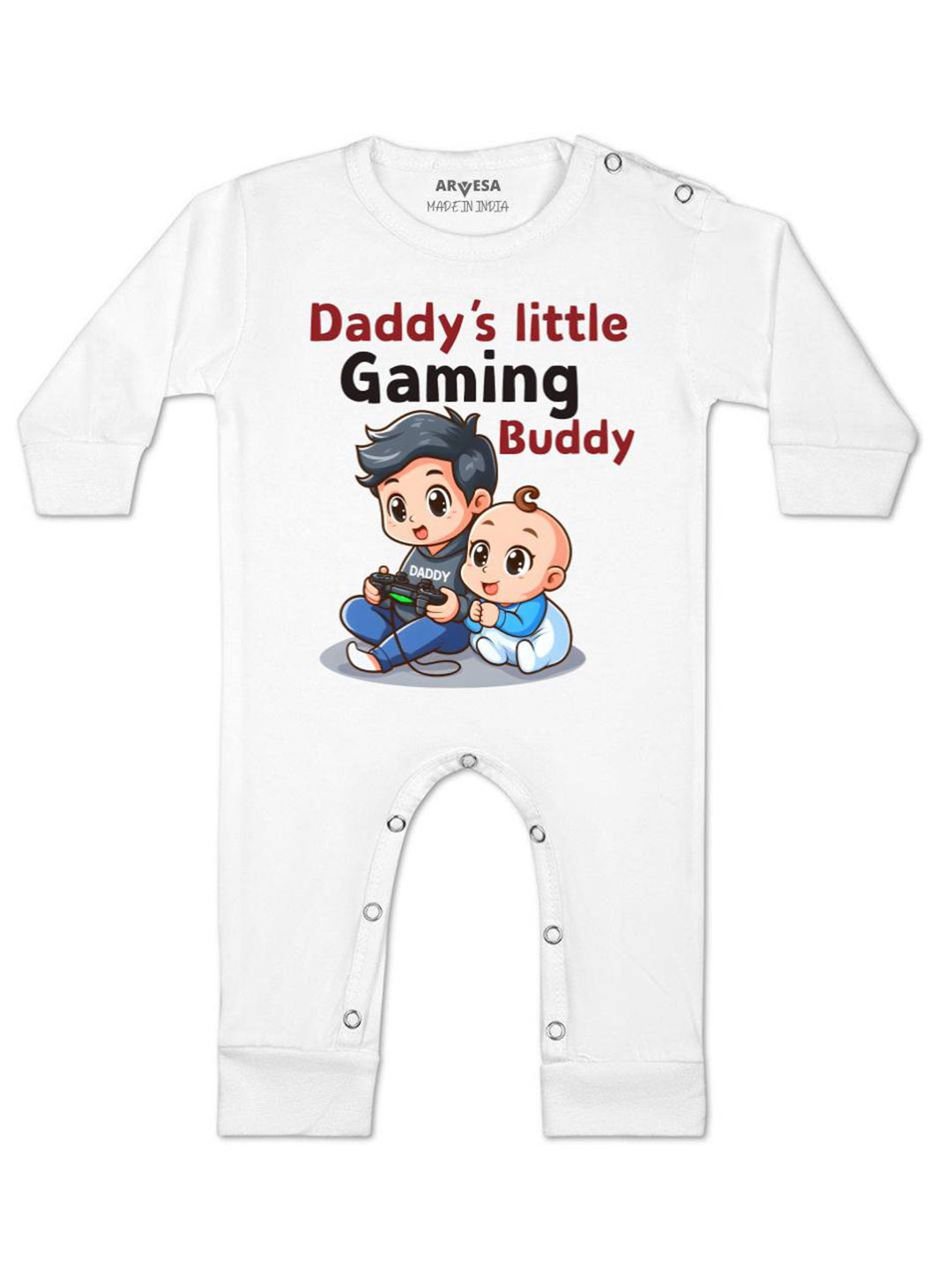 

Arvesa Kids Daddy Little Gaming Buddy Printed Baby Romper, White