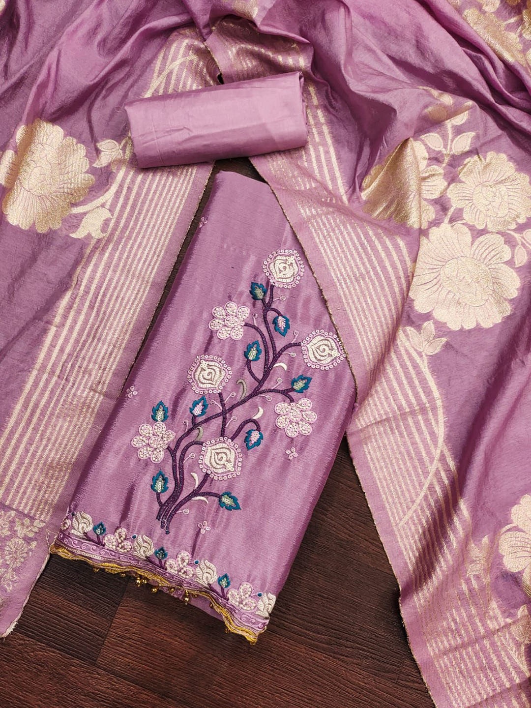 

Rangtulika Floral Embroidered Silk Chiffon Unstitched Dress Material, Pink