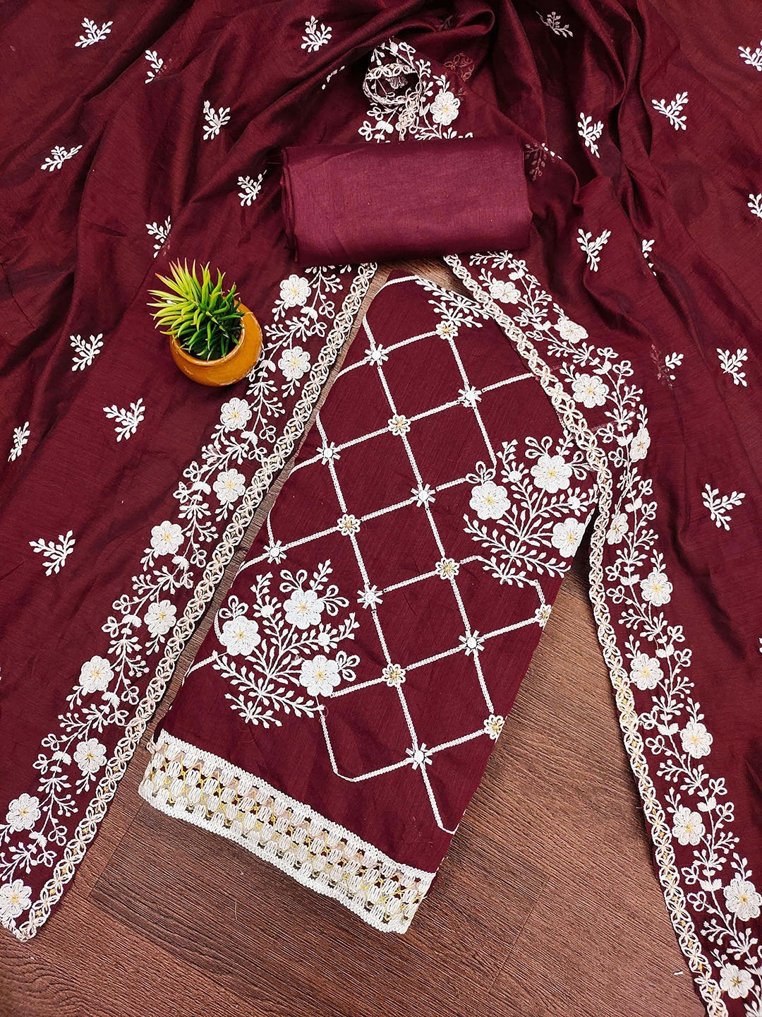 

MANVAA Embellished Unstitched Dress Material, Maroon
