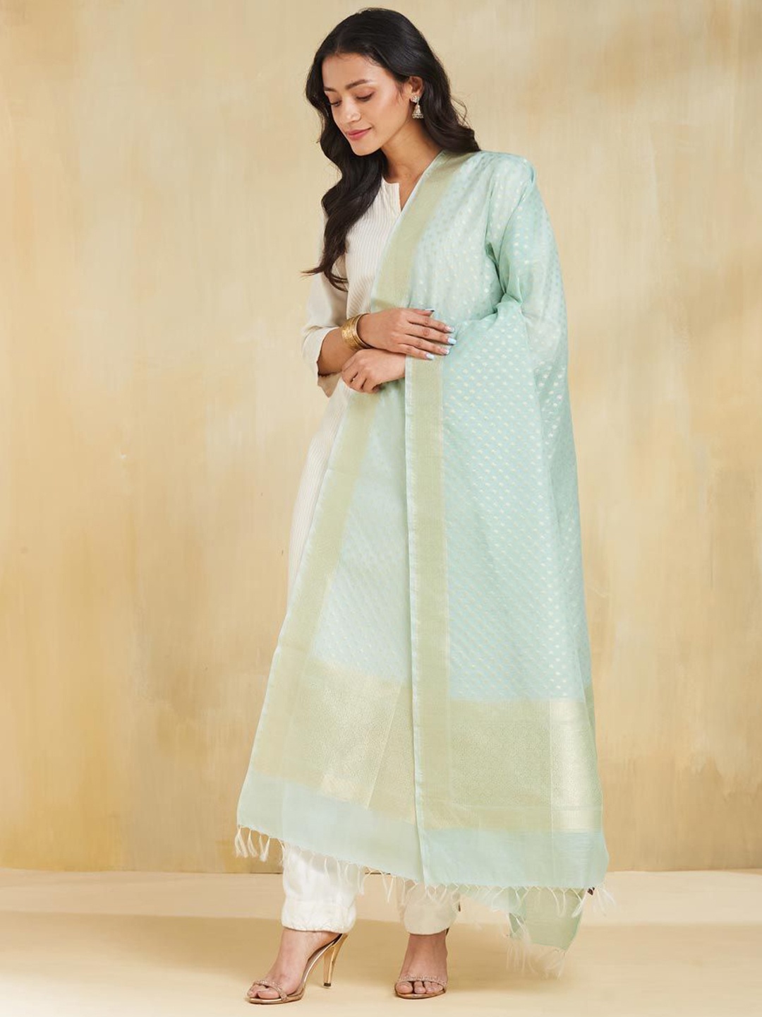 

Fabindia Floral Woven Design Cotton Silk Dupatta With Zari, Blue