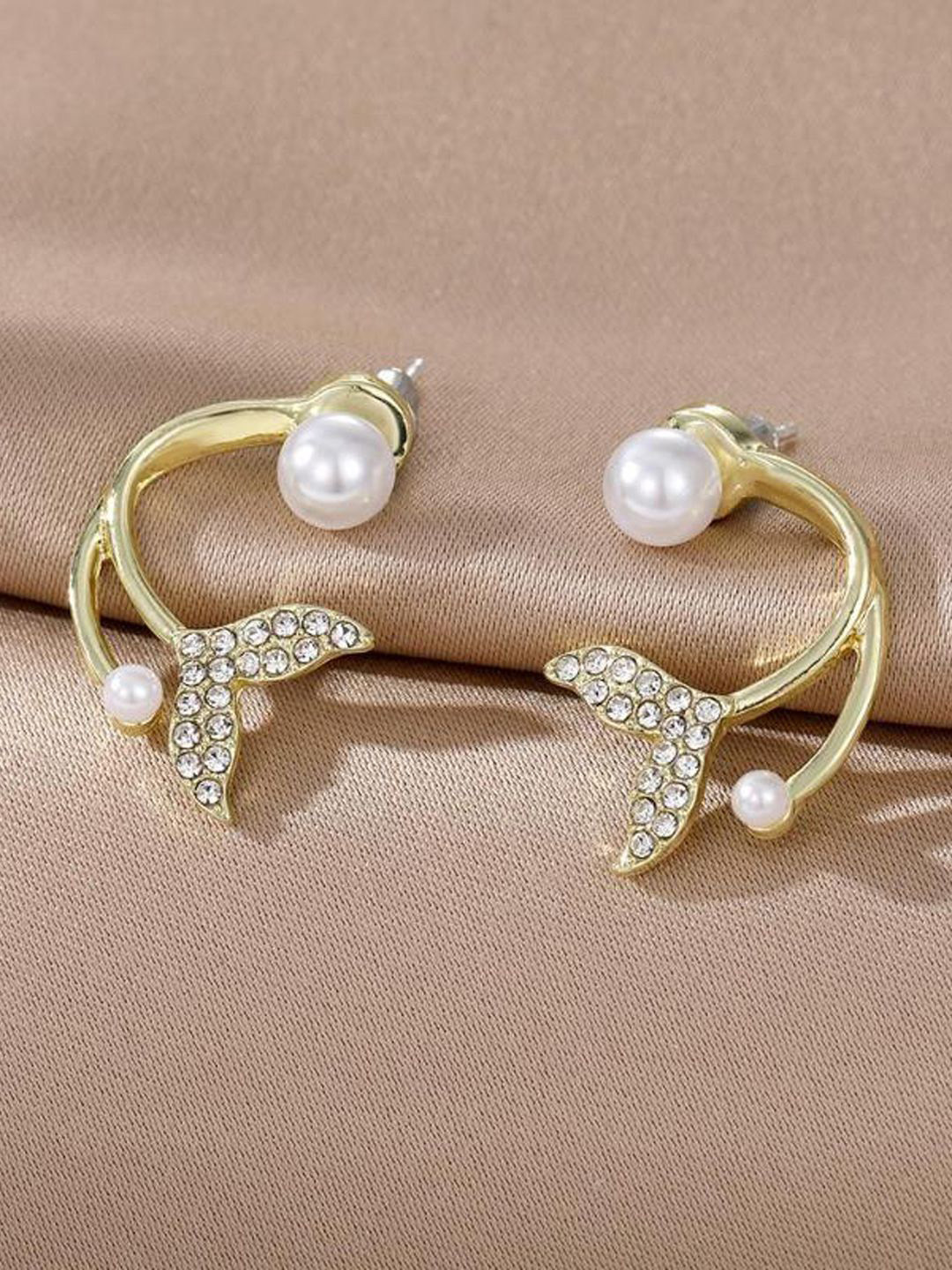 

styledose Sterling Silver Stones Studded And Pearls Beaded Mermaid Fishtail Shaped Studs, Gold