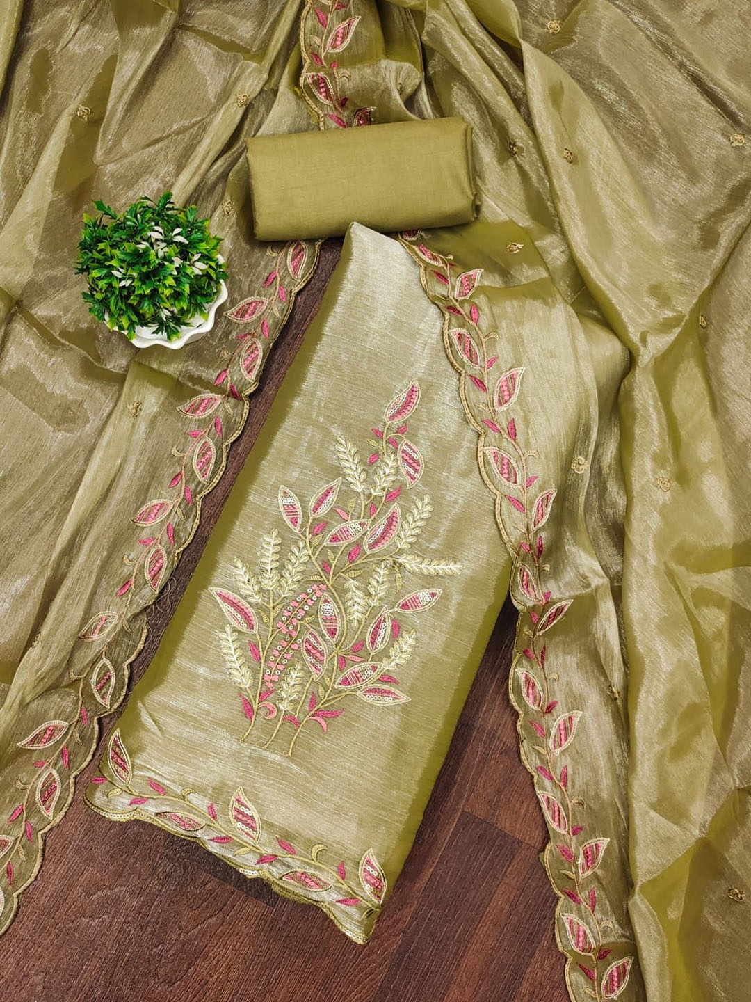 

Rangtulika Embroidered Thread Work Unstitched Dress Material, Olive