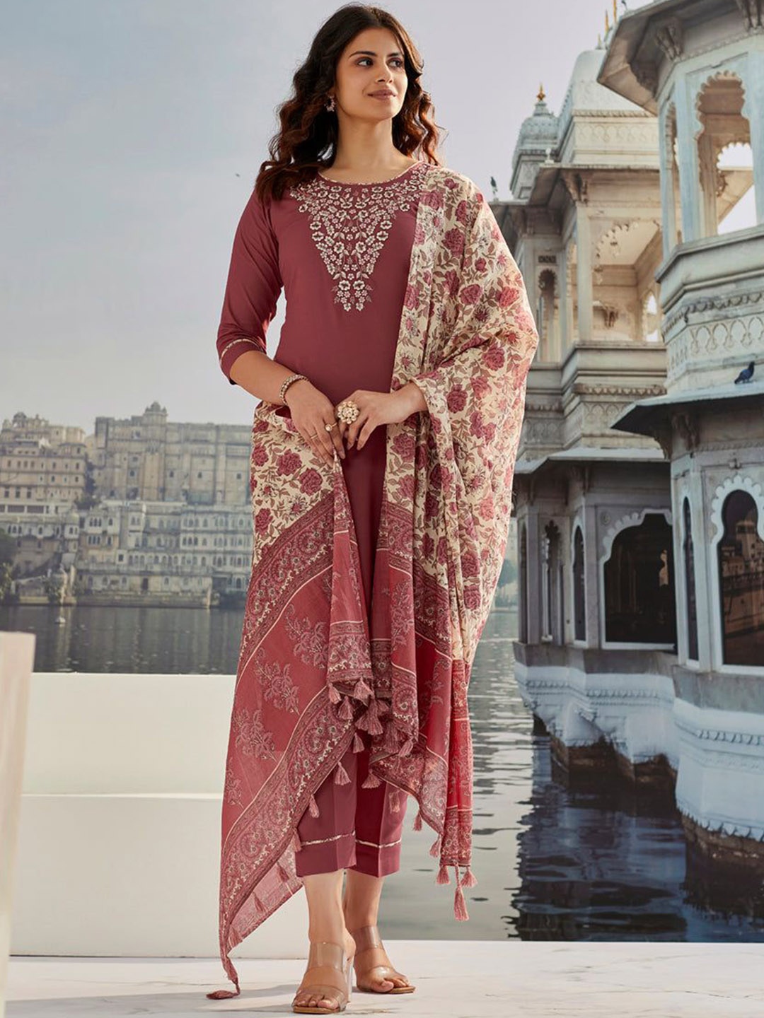 

Sitanjali Floral Yoke Design Thread Work Cotton Silk Kurta with Trousers & Dupatta, Brown