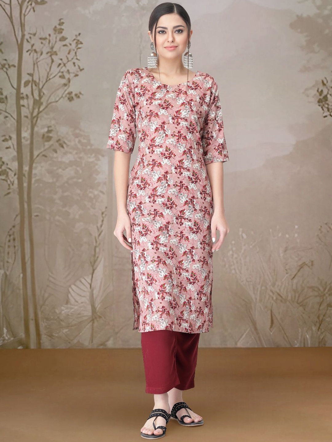 

Moda Rapido Floral Printed Straight Kurta with Trousers, Peach