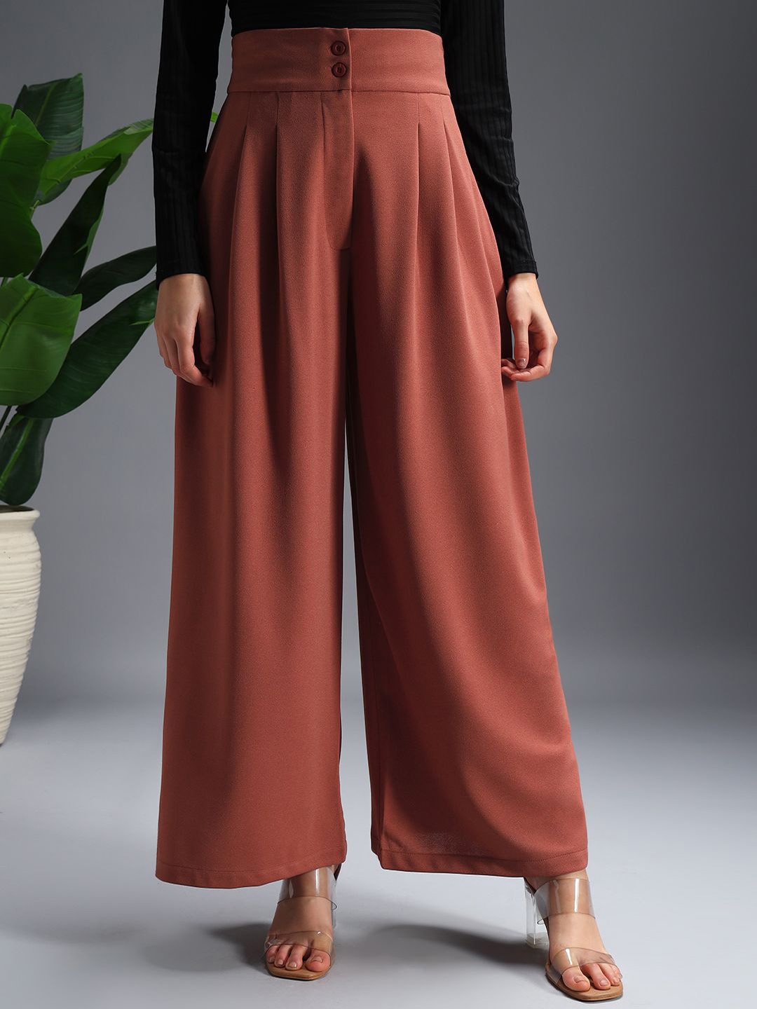 

Zastraa Women Relaxed Flared High-Rise Pleated Korean Pants Trousers, Rust