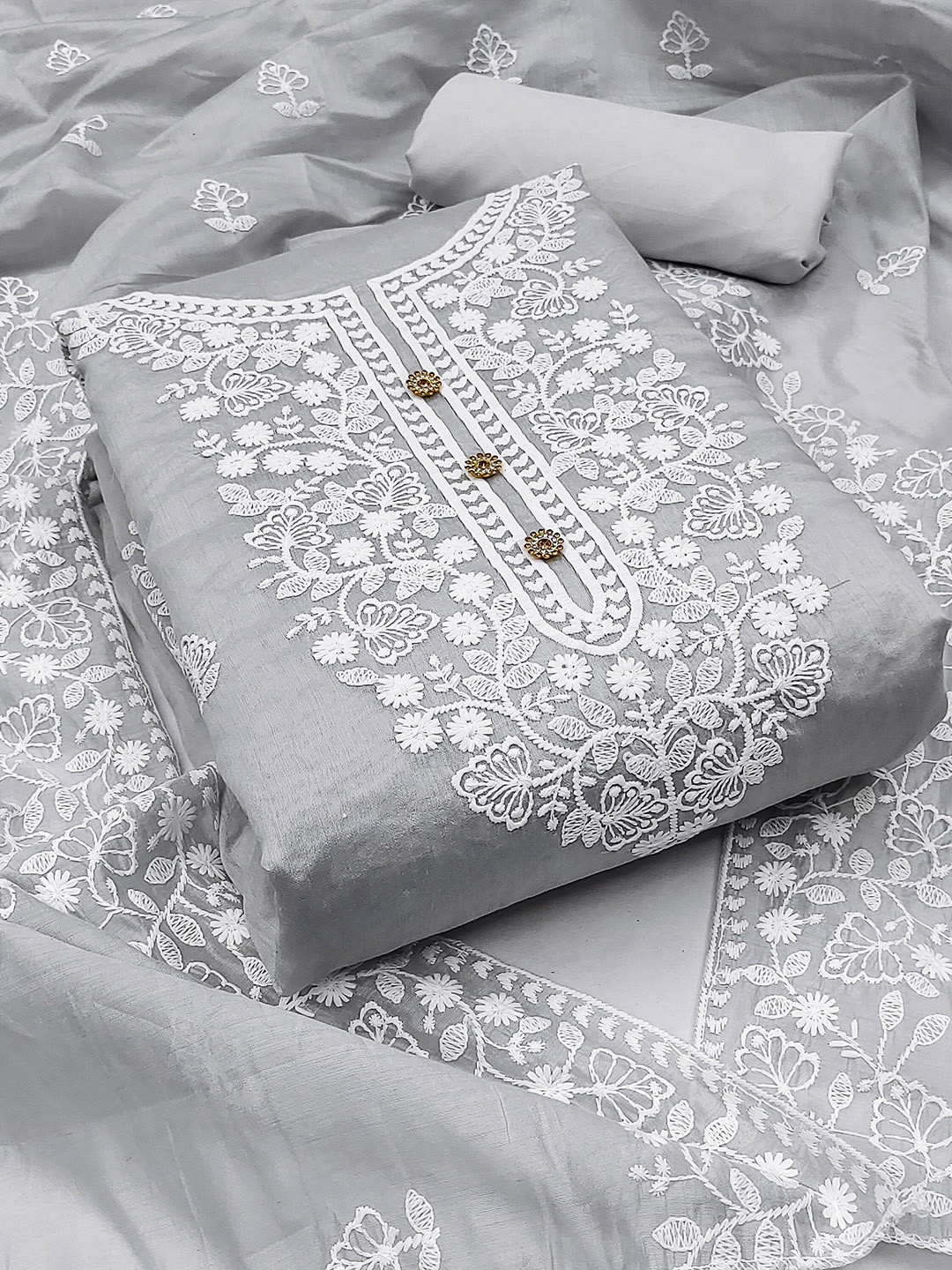 

SAINOOR Floral Embroidered Semi-Stitched Dress Material, Grey