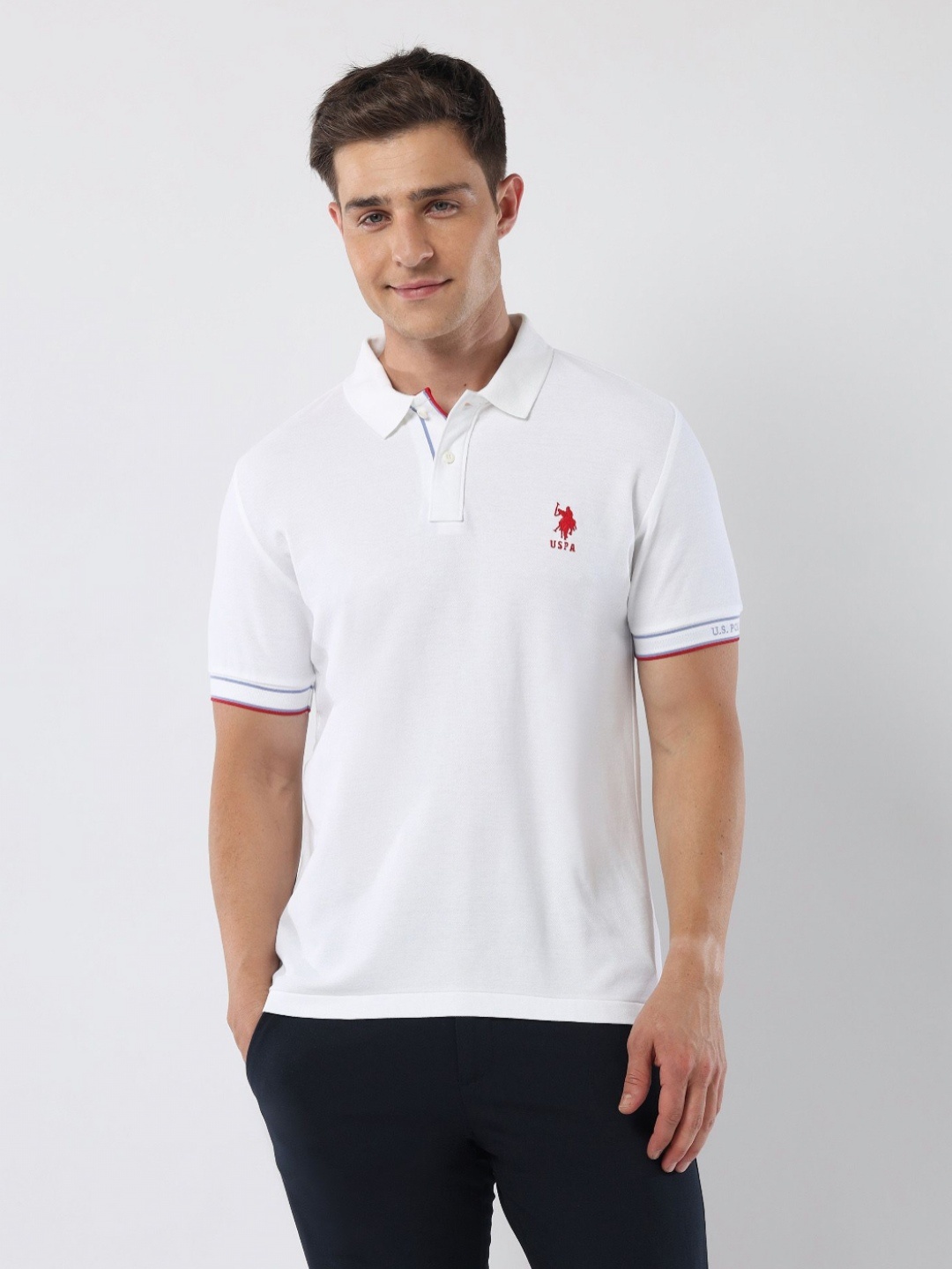 

U.S. Polo Assn. Men Brand Logo Polo Collar Applique Slim Fit T-shirt, White