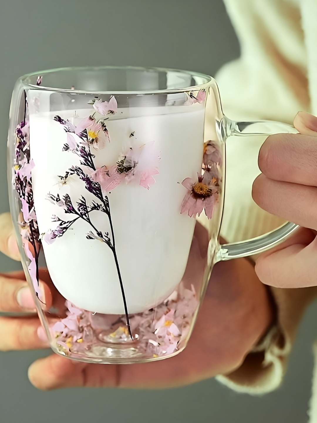 

BonZeaL Purple Floral Borosilicate Glass Transparent Finish Quill Floral Mug 300 ml