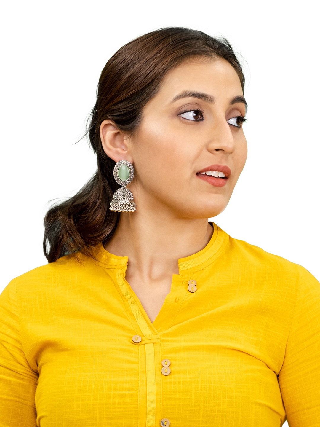 

Shining Jewel - By Shivansh Silver-Plated Stones Studded Dome Shaped Jhumkas, Lime green