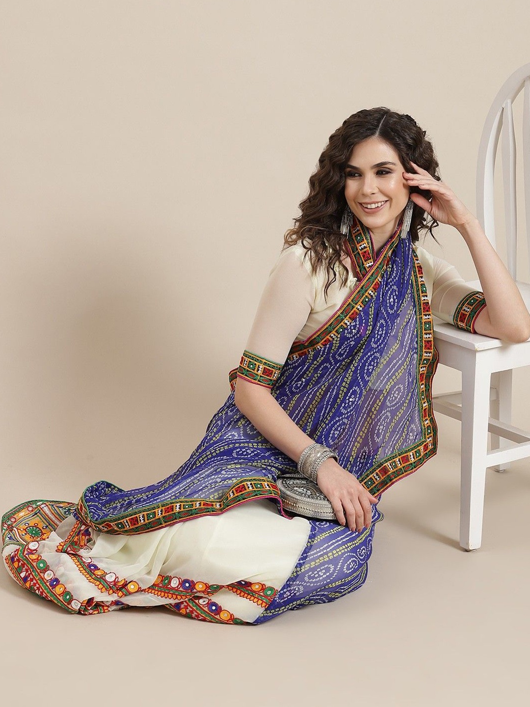 

DIVASTRI Embellished Embroidered Pure Georgette Half and Half Bandhani Saree, Blue