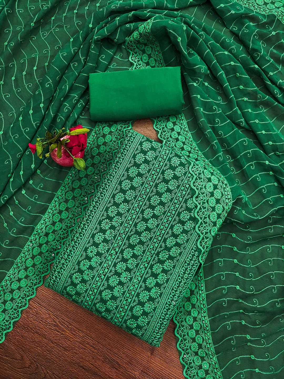 

Rangtulika Embroidered Chickenkari Unstitched Dress Material, Green