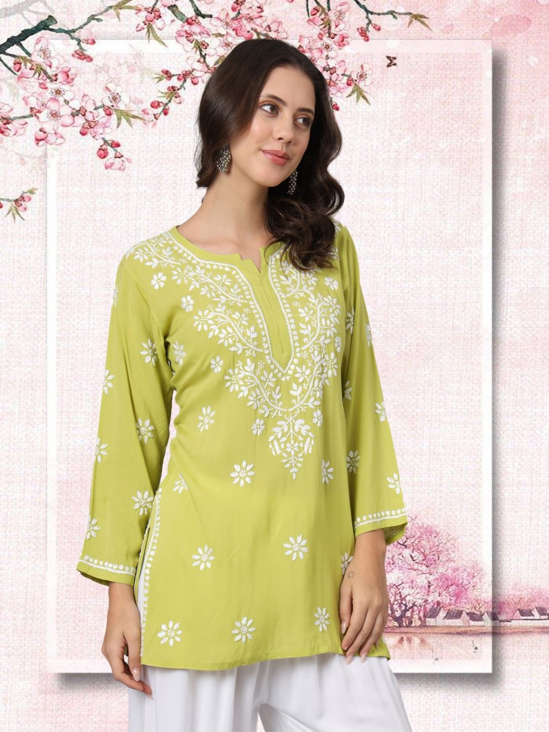 

PARAMOUNT CHIKAN Ethnic Motifs Embroidered Chikankari Modal Chikankari Kurti, Olive