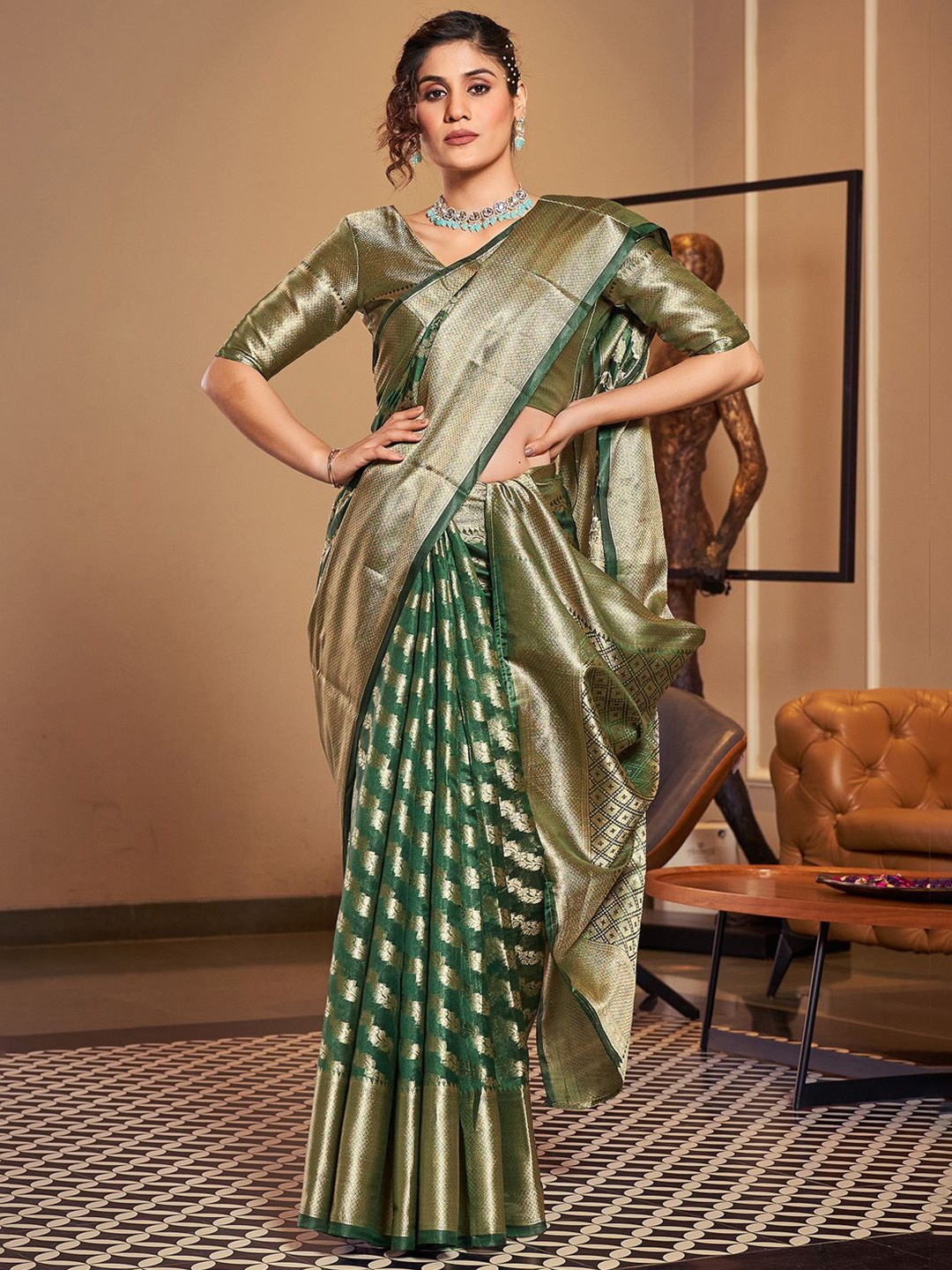 

Anouk Rustic Woven Design Zari Linen Blend Taant Saree, Green