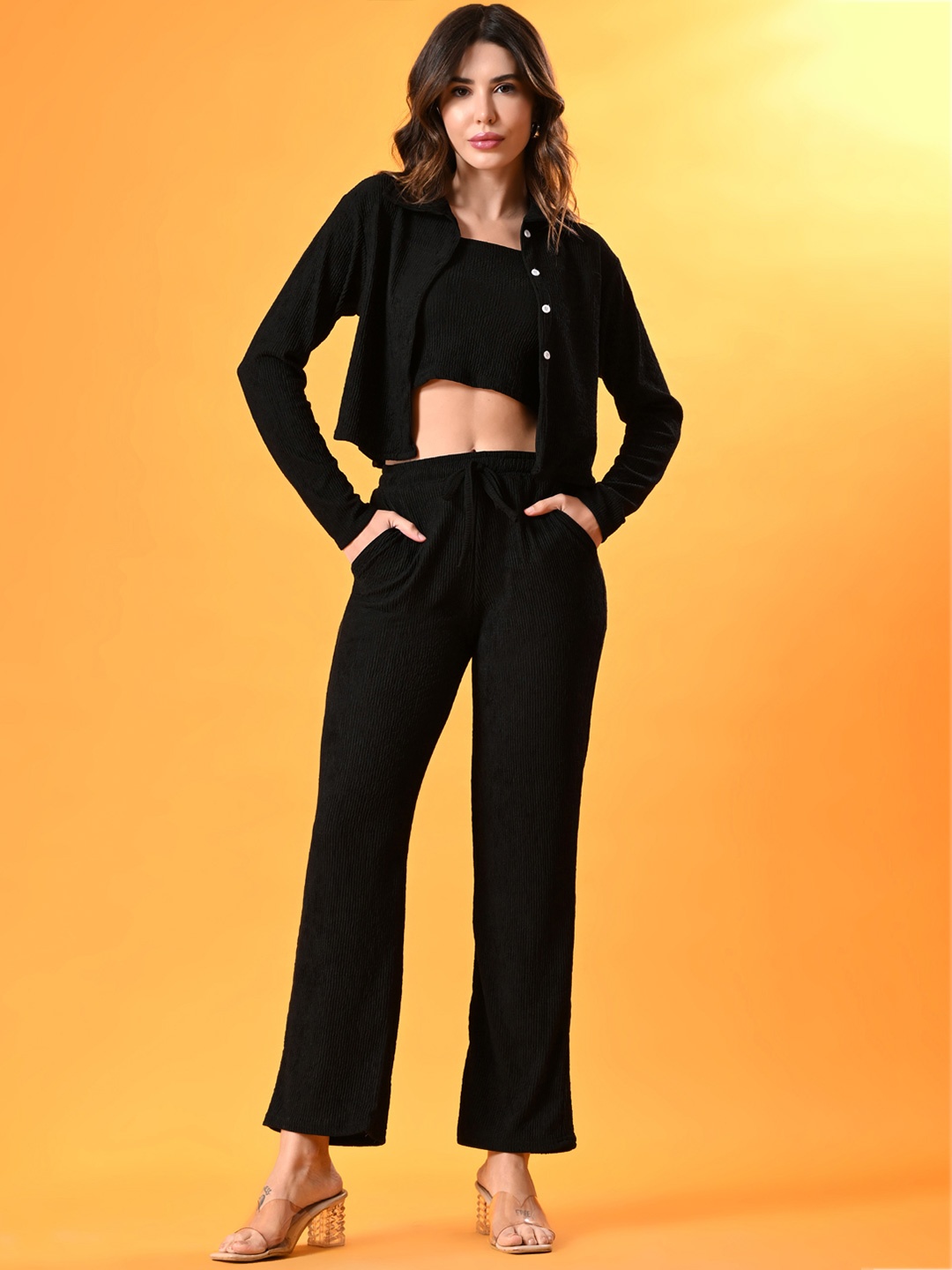 

Moda Rapido Shirt Collar Crop Top & Shirt With Trousers, Black