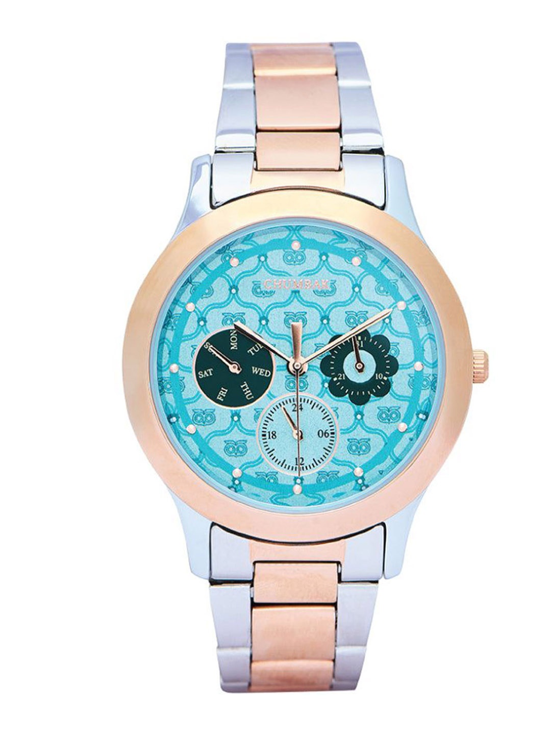 

Chumbak Women Ocean Owl Monogram Metal Watch Steel & Rosegold strap with Teal Dial, Blue