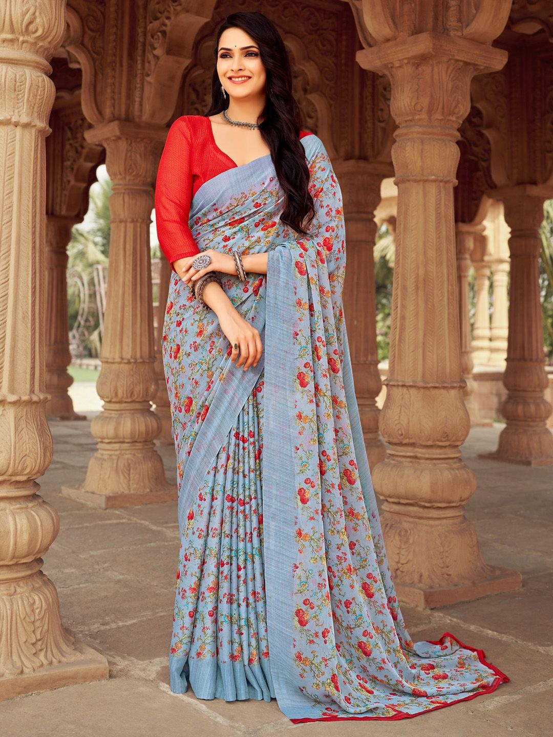 

Mitera Floral Poly Chiffon Bagh Saree, Grey