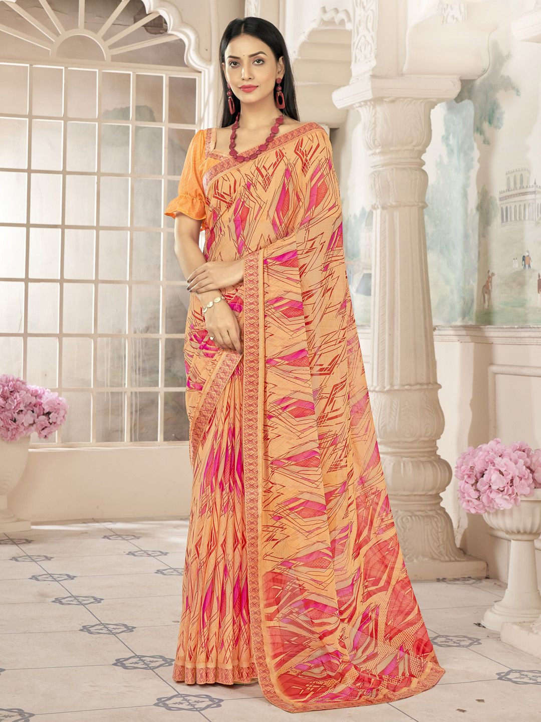 

Mitera Poly Chiffon Bagh Saree, Orange
