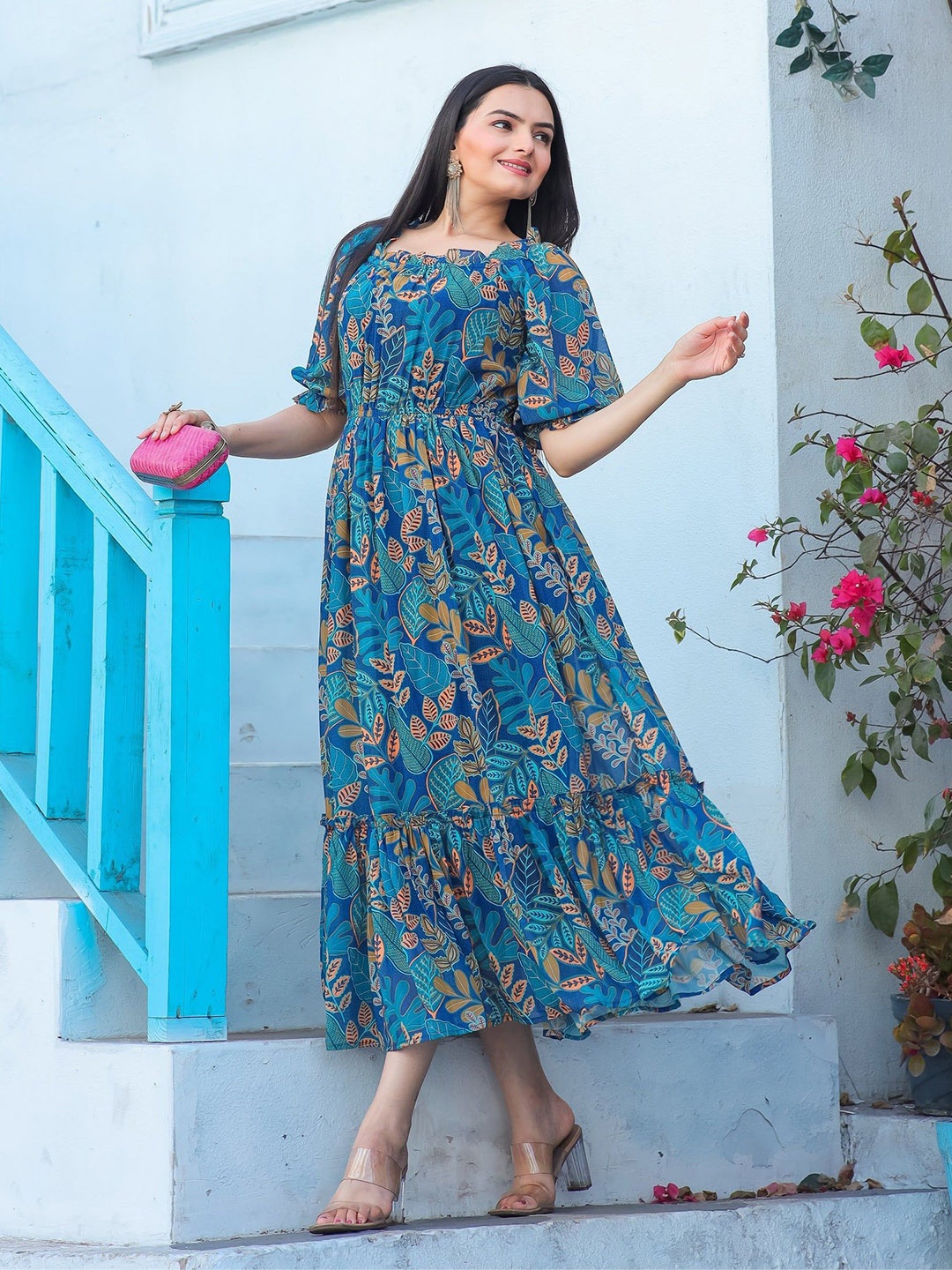 

Femvy Floral Printed Puff Sleeves Fit and Flare Ethnic Dresses, Blue