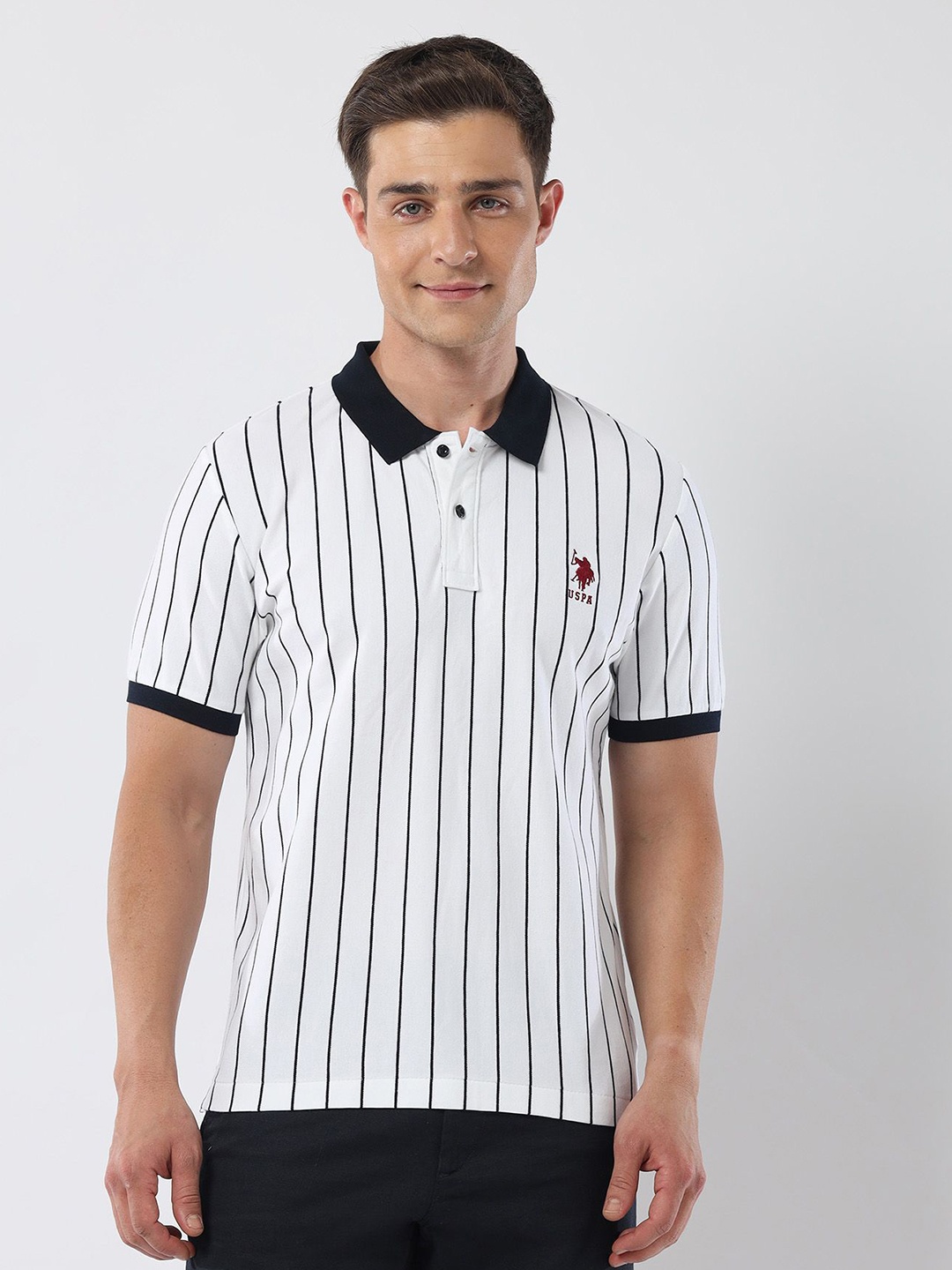 

U.S. Polo Assn. Men Striped Polo Collar Cotton Slim Fit T-shirt, White