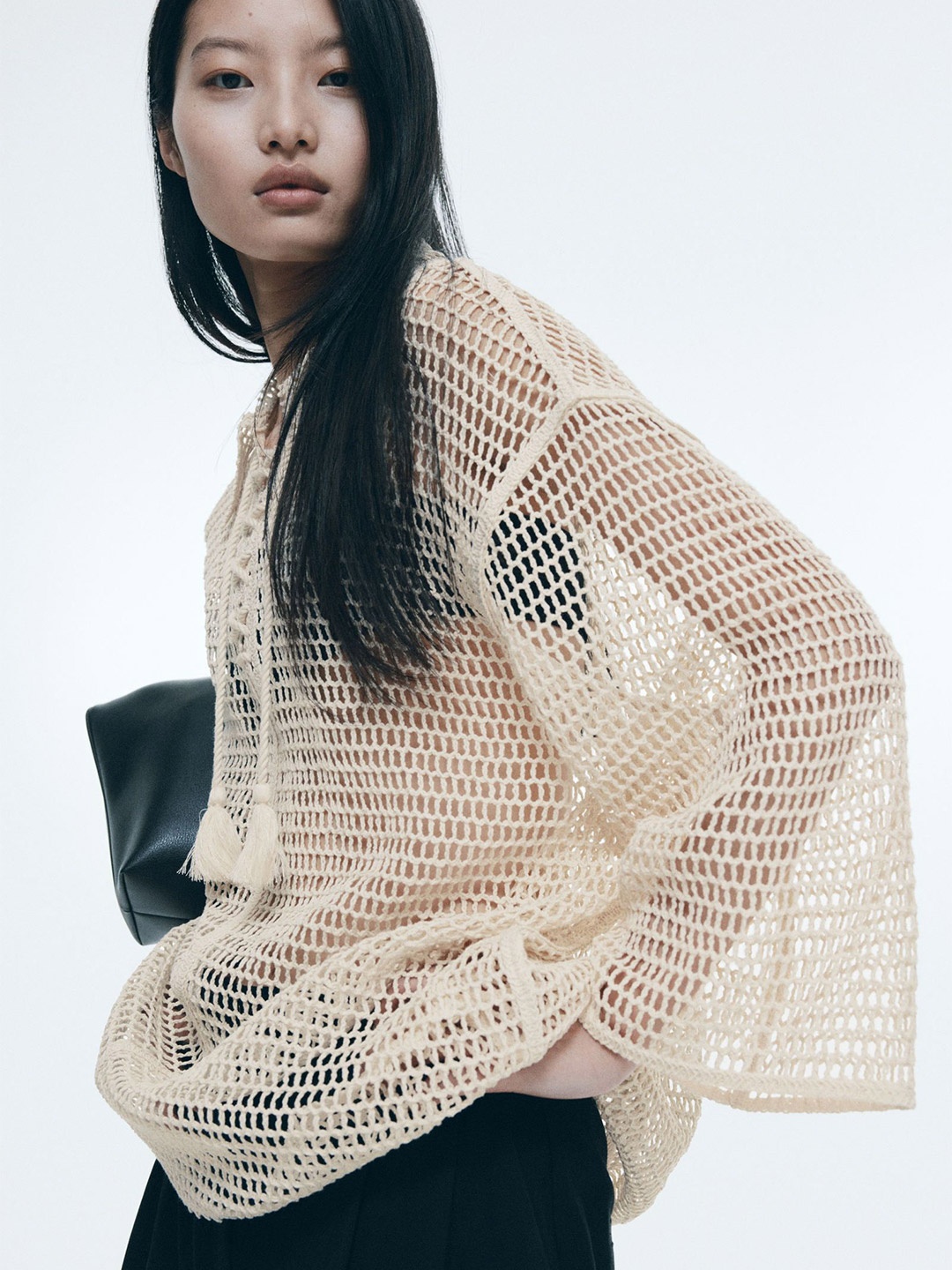 

H&M Hole-Knit Lace-Up Top, Beige