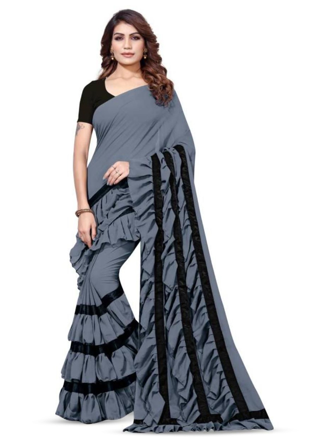 

SAREEFLAME Pure Georgette Saree, Grey