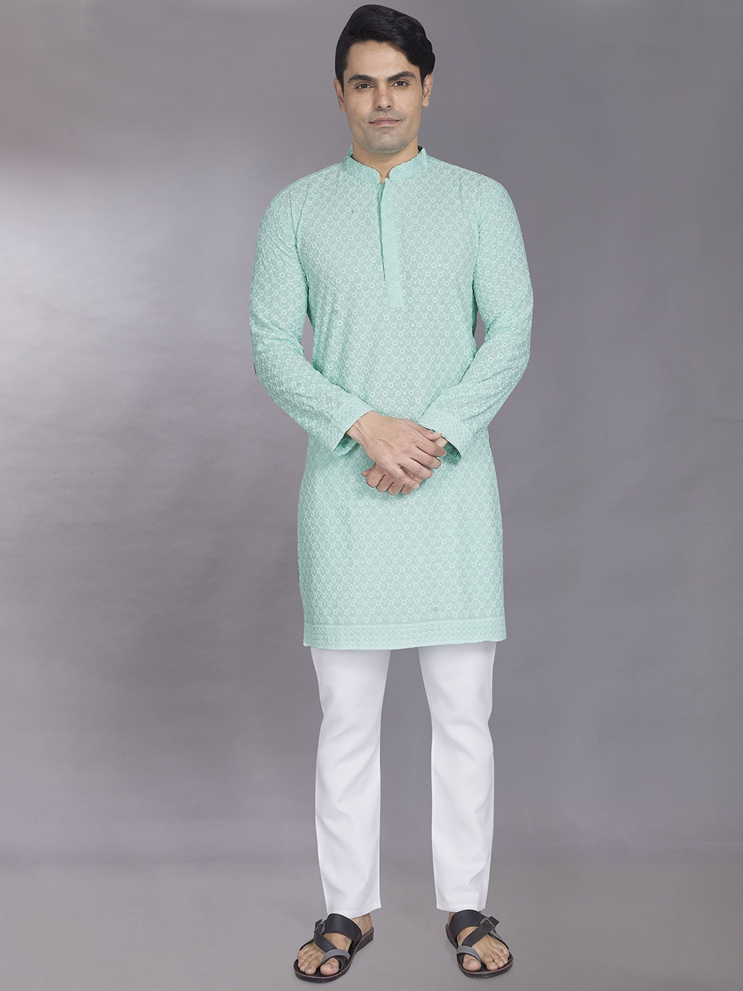 

DIVISIVE Geometric Embroidered Mandarin Collar Straight Kurta, Turquoise blue