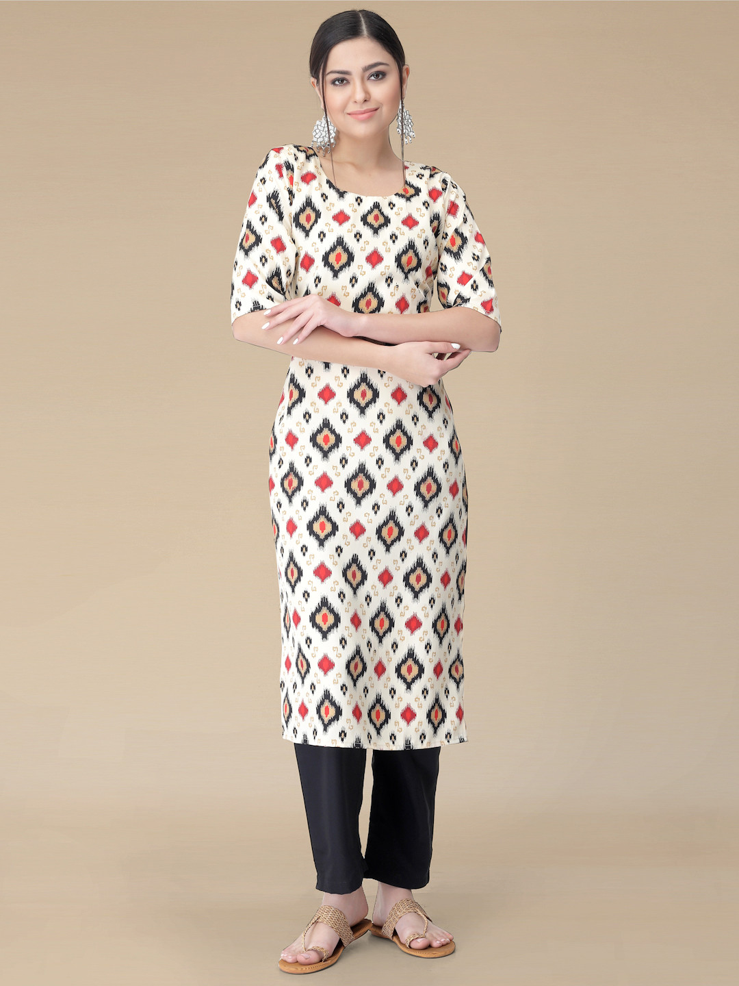 

Moda Rapido Geometric Printed Round Neck Ikat Technique Straight Kurta With Trousers, White