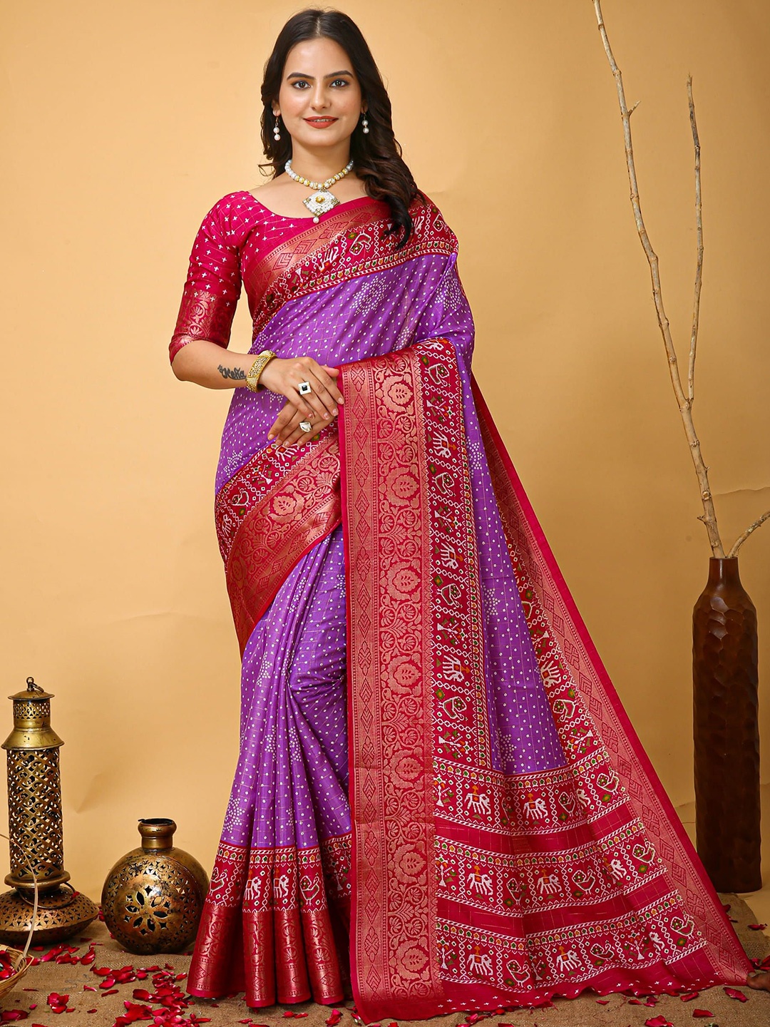 

V3 FASHION STUDIO Ethnic Motifs Zari Art Silk Saree, Purple