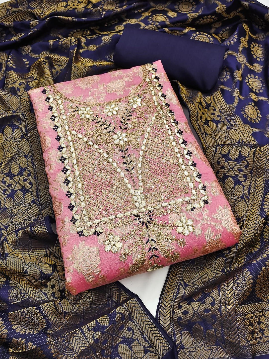 

Rangtulika Floral Embroidered Banarasi Silk Unstitched Dress Material, Pink