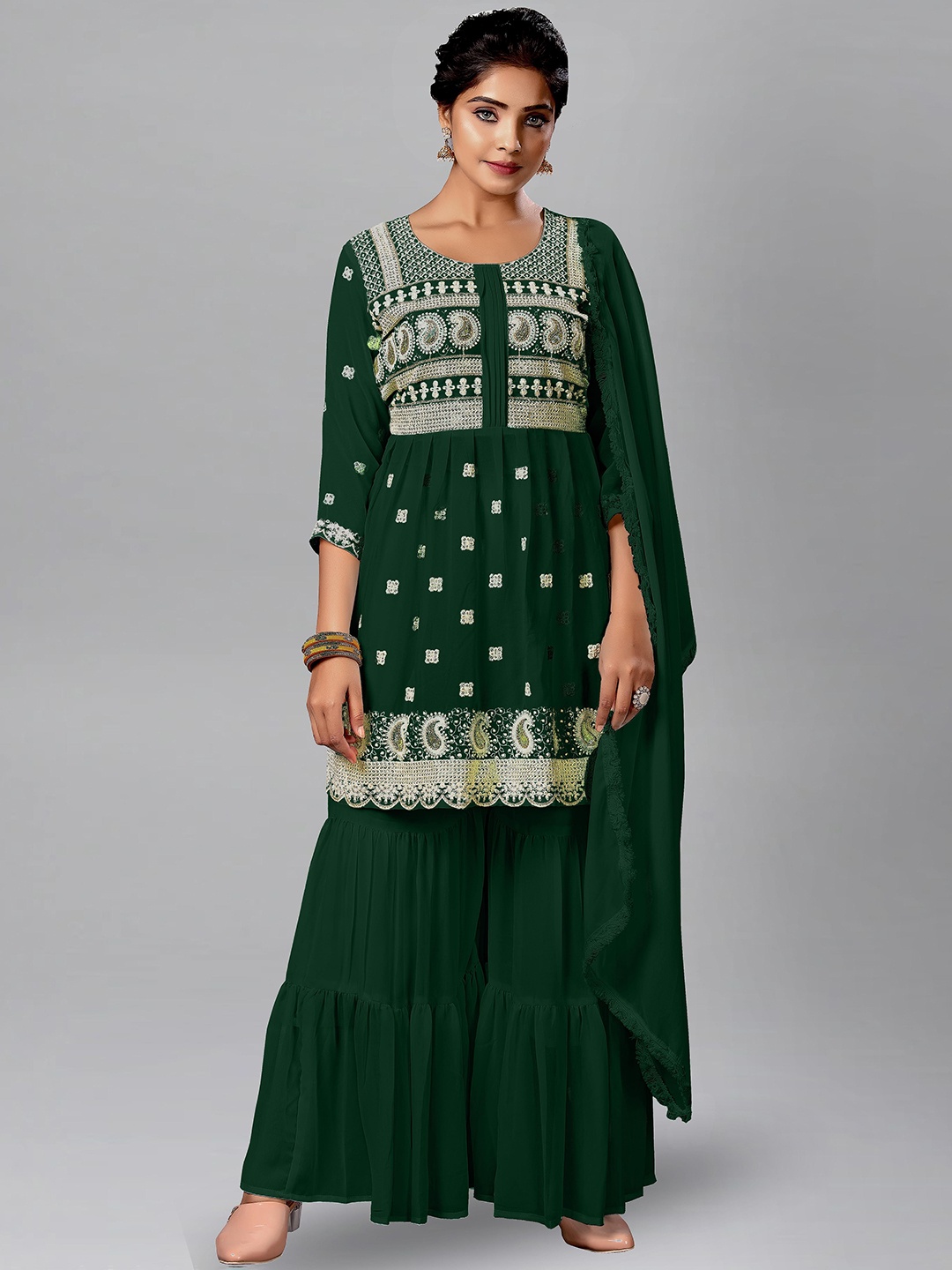 

SANCIA Ethnic Motifs Embroidered A Line Kurti with Sharara & Dupatta, Green