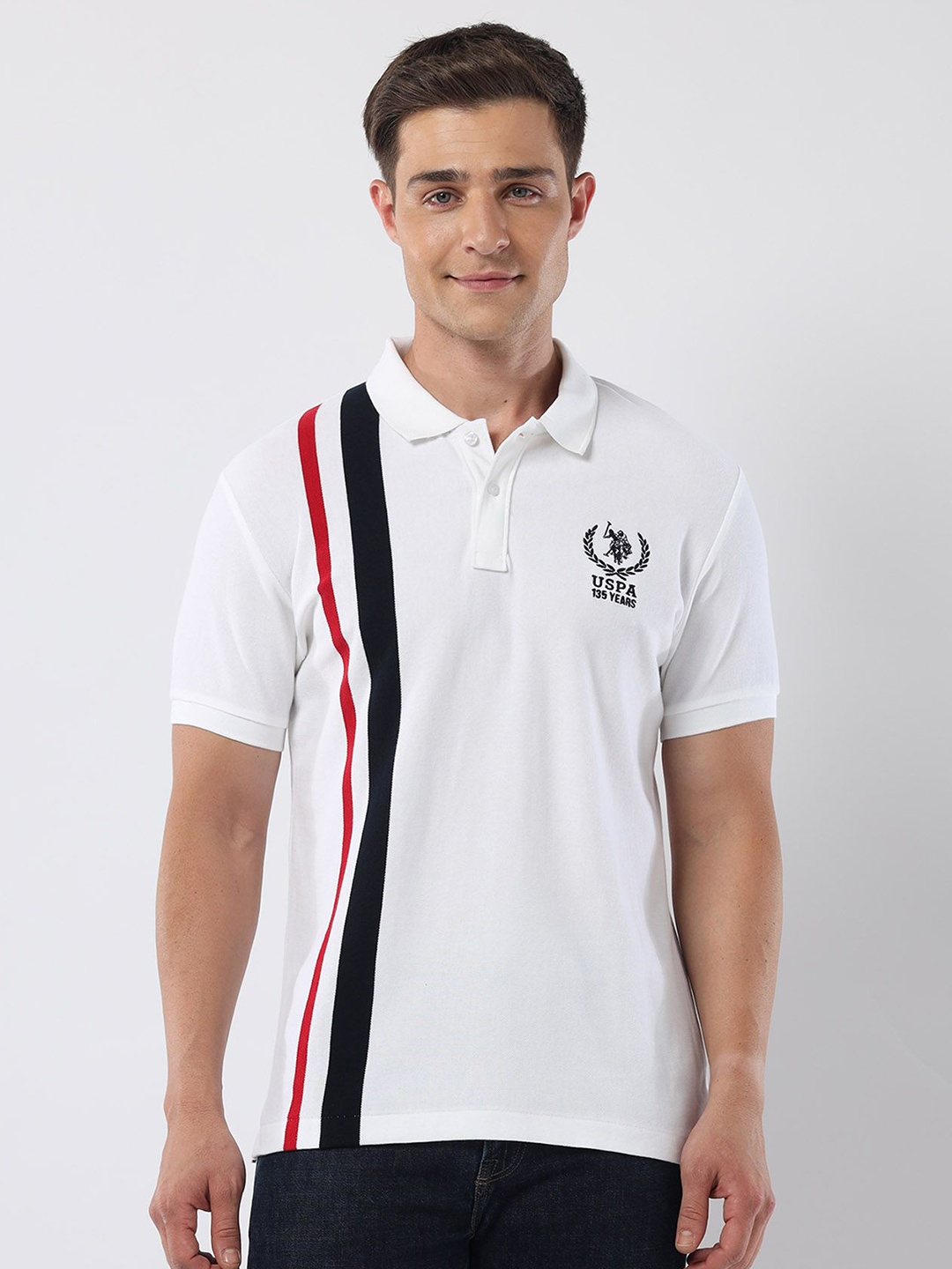 

U.S. Polo Assn. Men Striped Polo Collar Cotton Slim Fit T-shirt, White