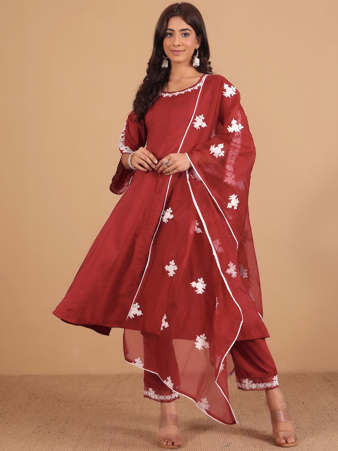 

House of Pataudi Floral Yoke Design Thread Work Anarkali Kurta With Trousers And Dupatta, Maroon