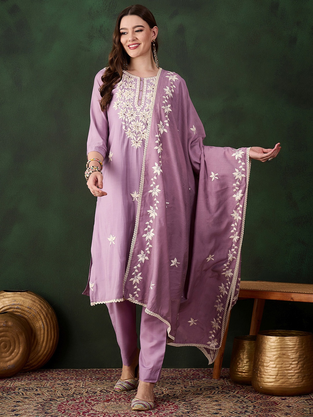 

SAINOOR Floral Embroidered Thread Work Pure Silk Semi-Stitched Dress Material, Lavender