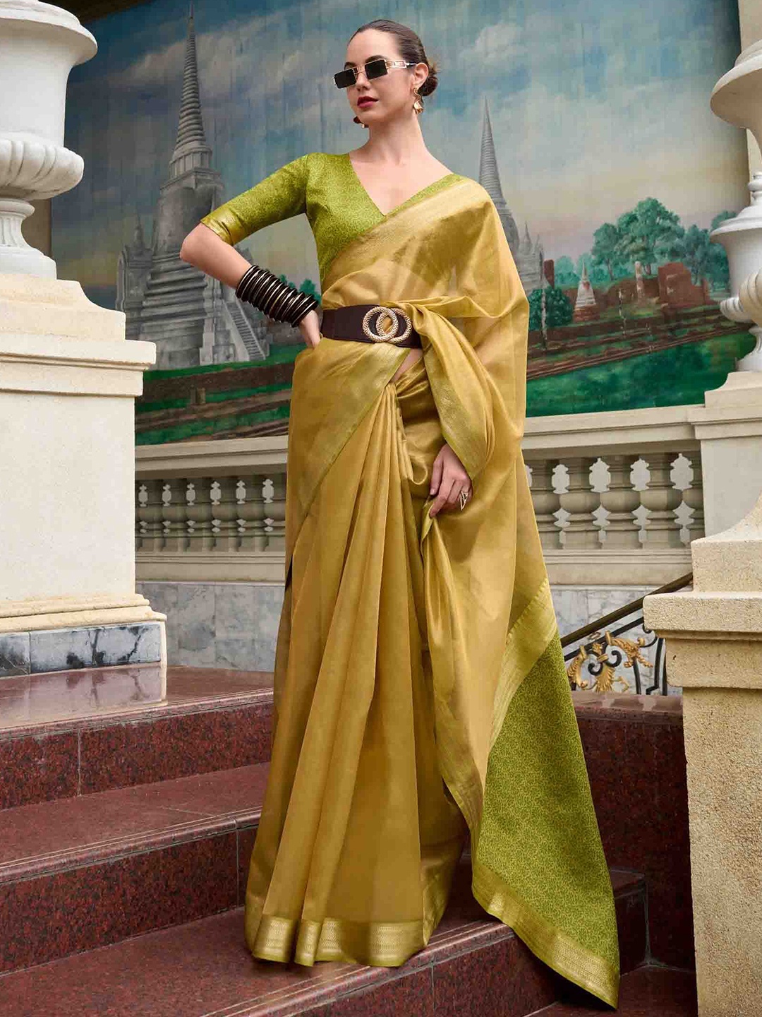 

KIMISHA Woven Design Zari Linen Blend Handloom Saree, Mustard