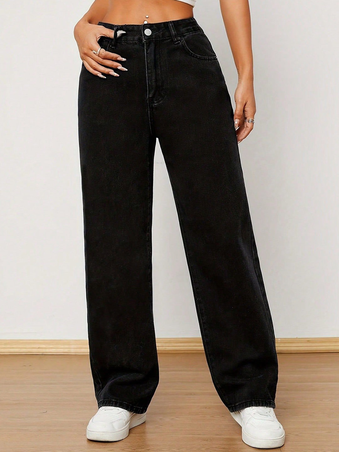 

NU CLOTHS Women Jean Wide Leg High-Rise Stretchable Jeans, Black