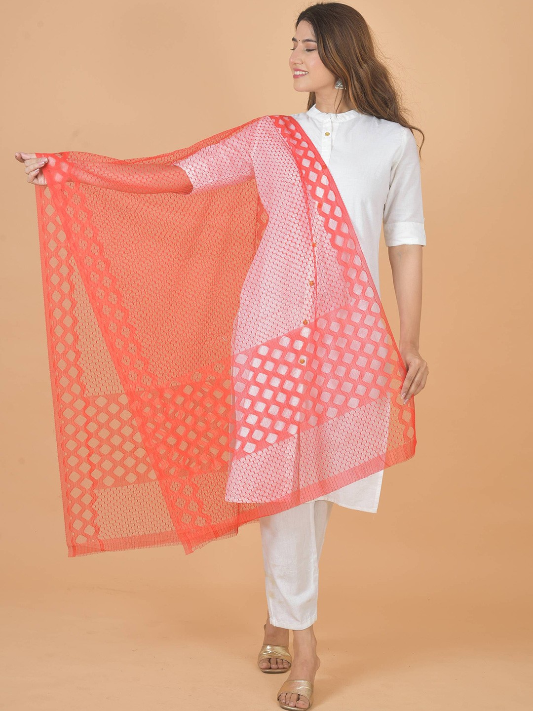

LA FEMINAE Geometric Woven Design Dupatta, Red