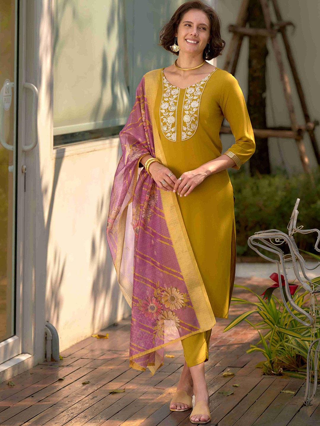 

MOJILAA Women Embroidered Regular Sequinned Kurta with Trousers & With Dupatta, Mustard