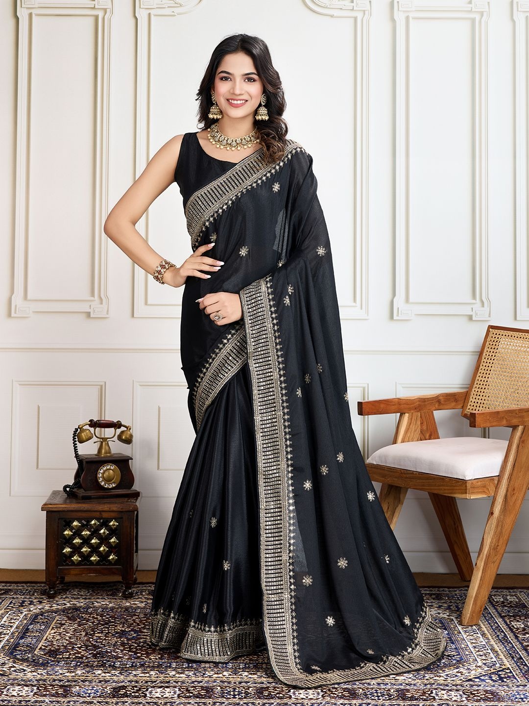 

House of Pataudi Cadberry Embroidered Saree With Unstitched Blouse, Black