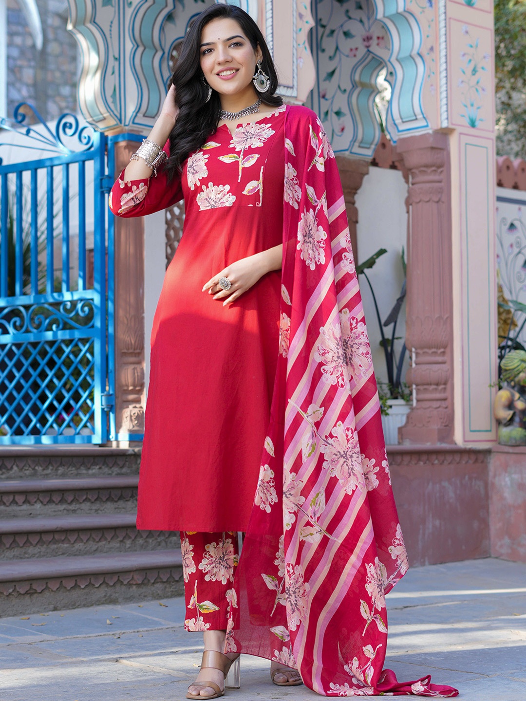 

SIGNORIA Floral Printed Sequinned Notch Neck Kurta With Trousers & Dupatta, Maroon