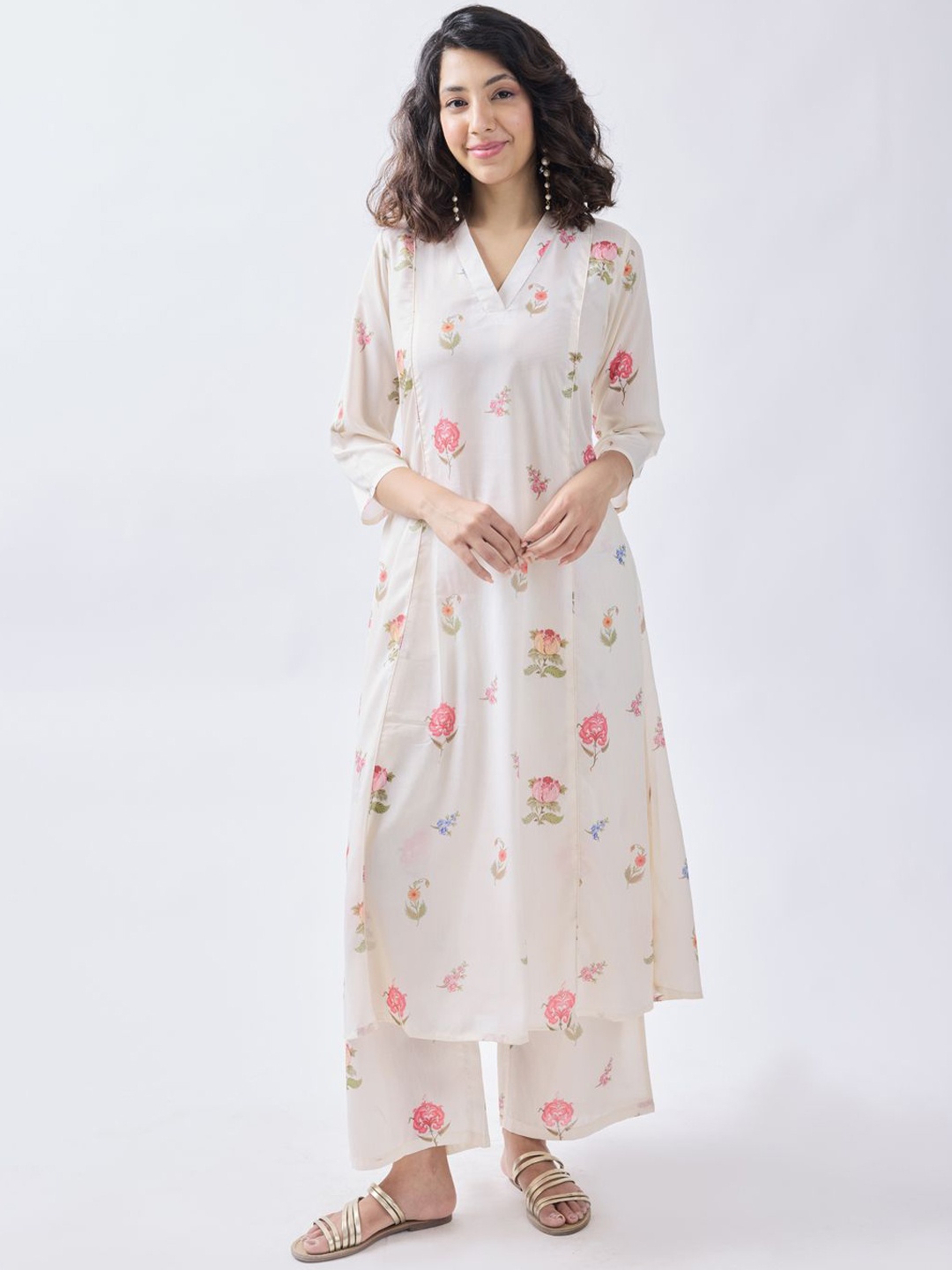 

KERI PERRY Floral Printed Panalled V-Neck Tunic With Palazzos, White