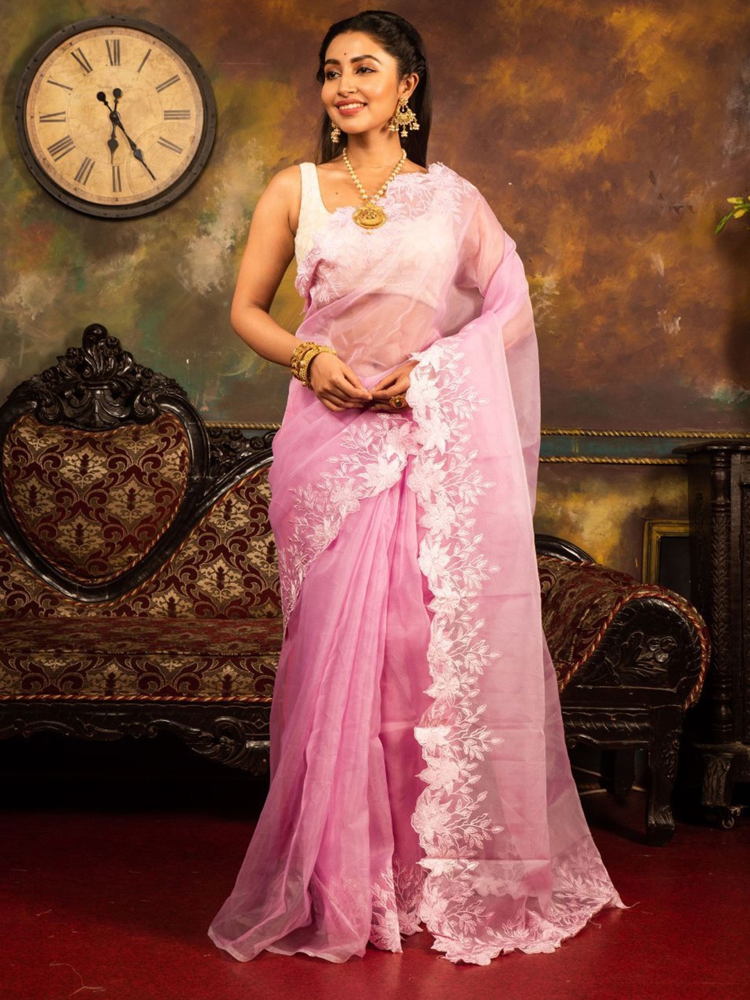 

8POURE Embroidered Organza Saree, Pink
