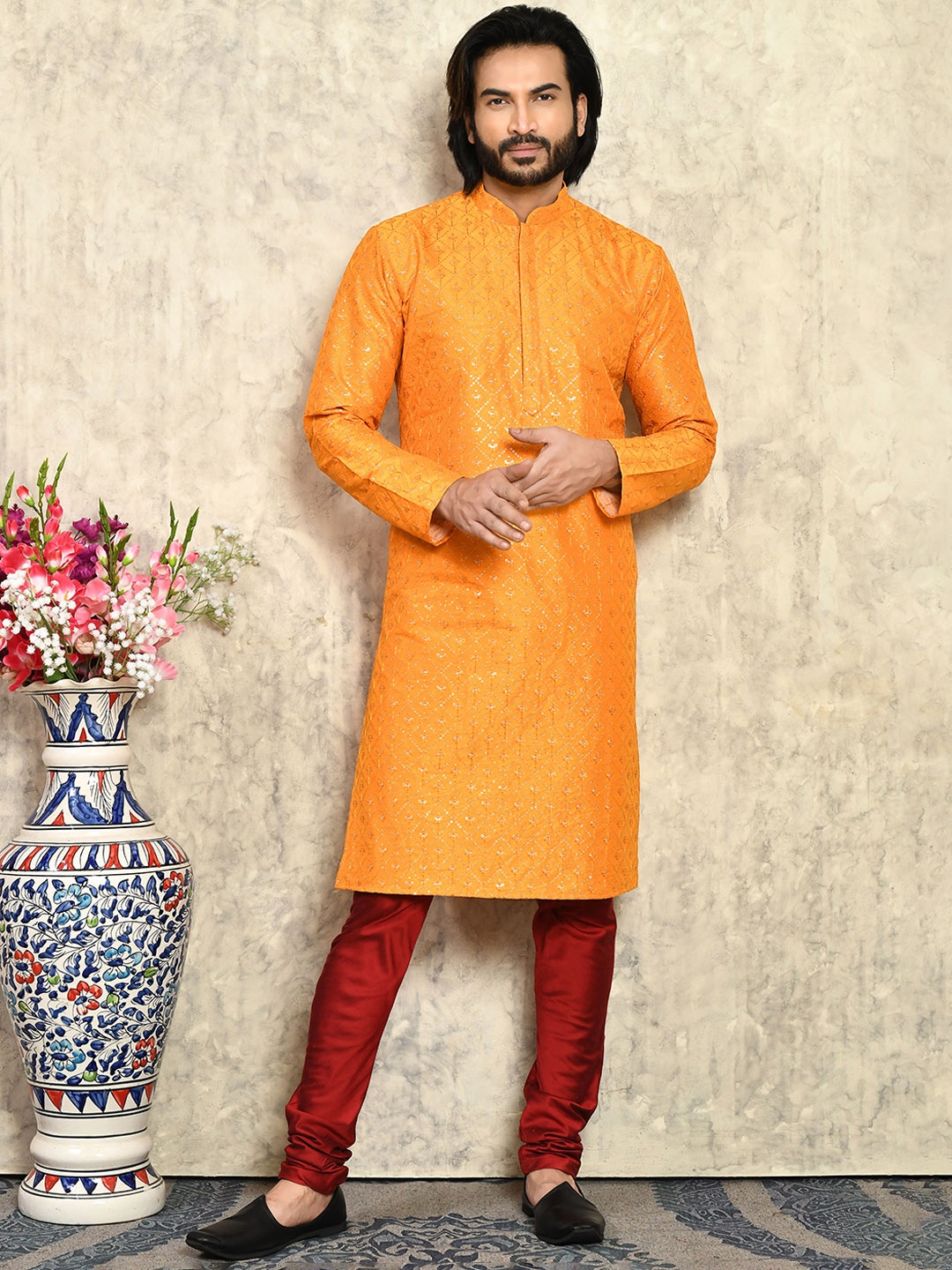 

RANAK Men Ethnic Motifs Embroidered Regular Sequinned Kurta with Pyjamas, Yellow