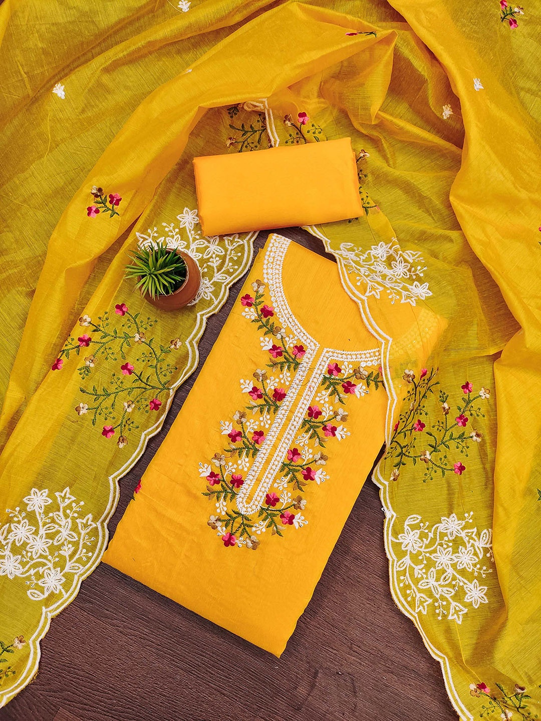 

MANVAA Embellished Unstitched Dress Material, Mustard