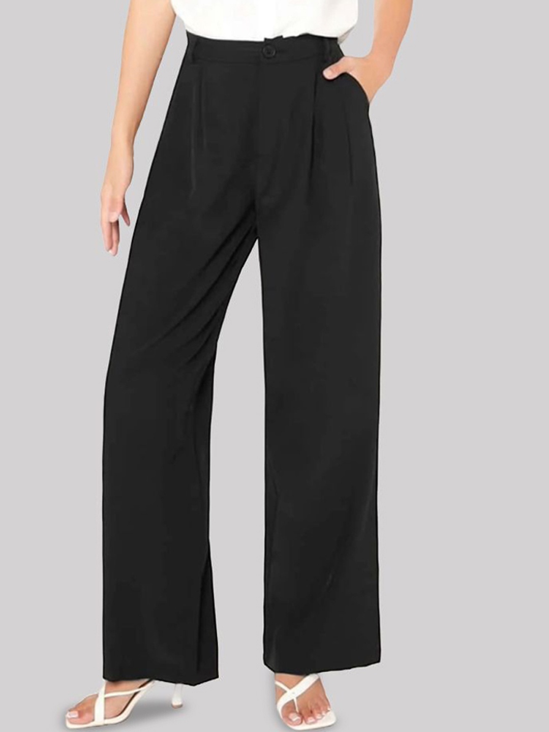 

FNOCKS Women Comfort Straight Fit High-Rise Cotton Wide Leg Trousers, Black