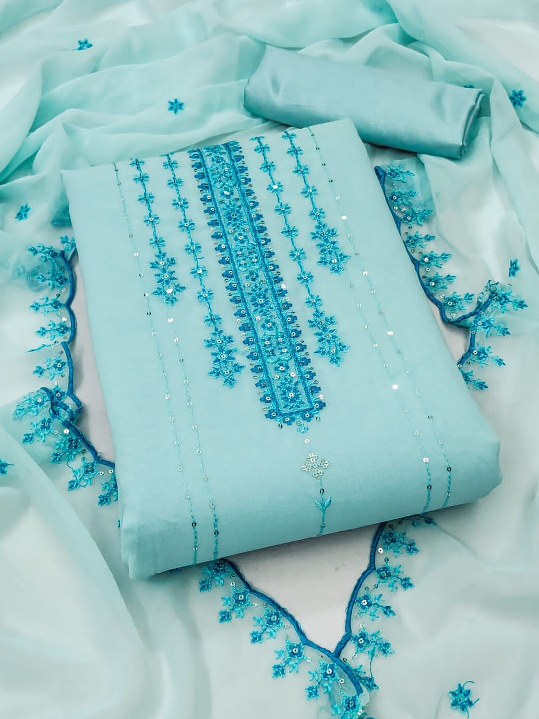

Rangtulika Sequinned Thread Work Unstitched Dress Material, Blue