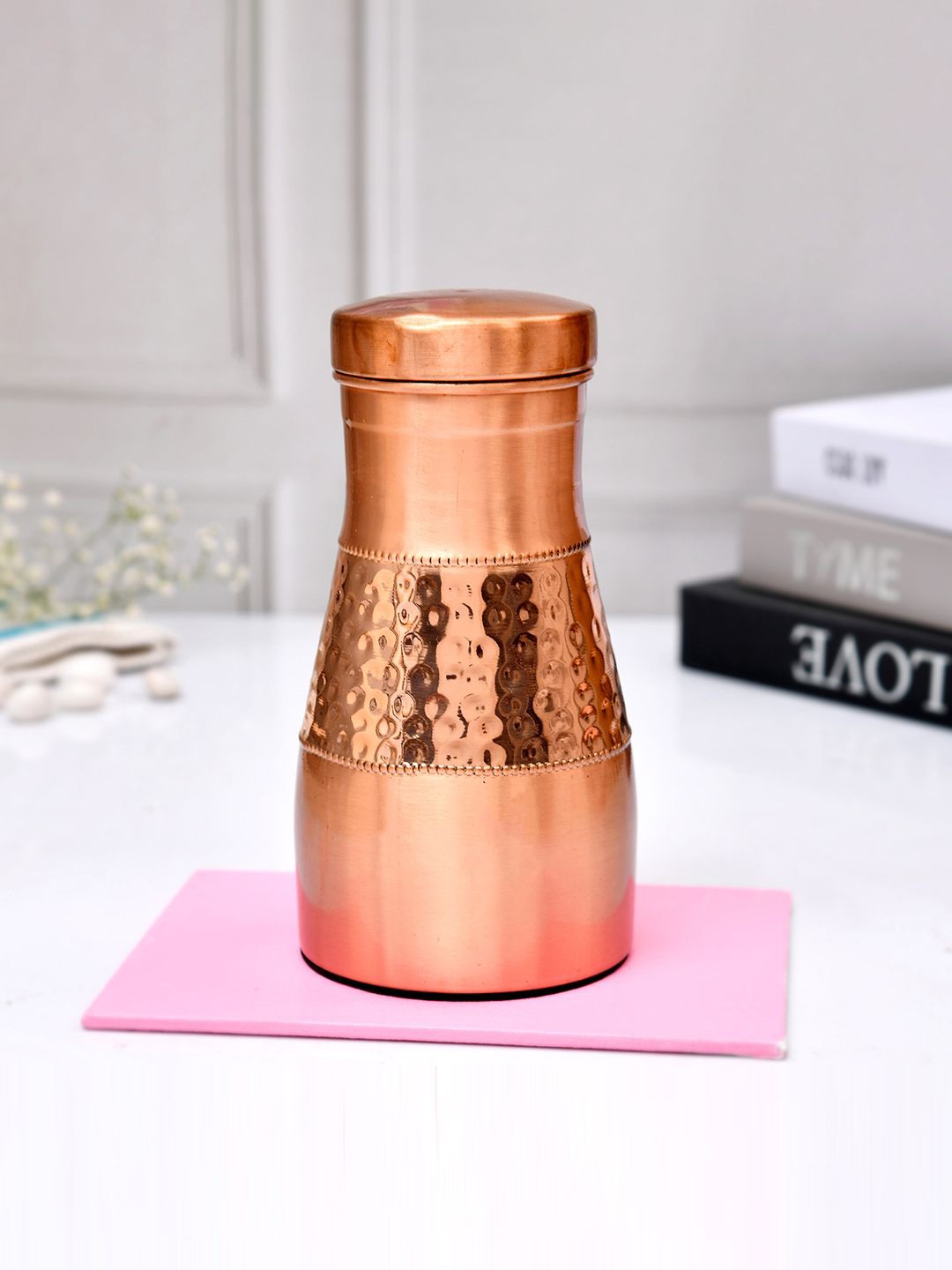 

Kuber Industries Copper-Toned Textured Water Bottle With Inbuilt Glass-1100 ml