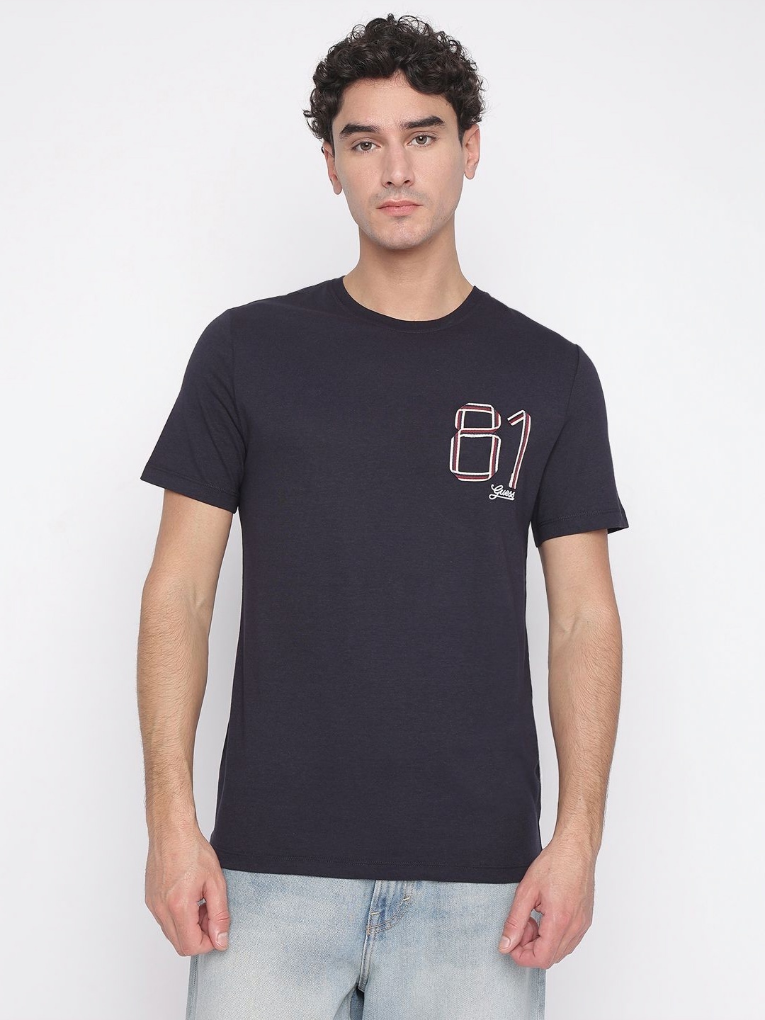 

GUESS Men Typography Printed Round Neck Cotton T-shirt, Navy blue